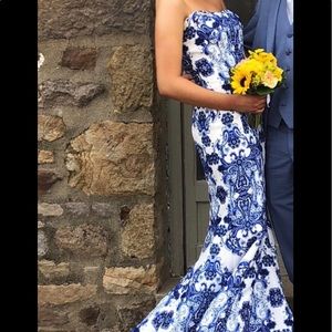strapless prom dress- white and blue floral